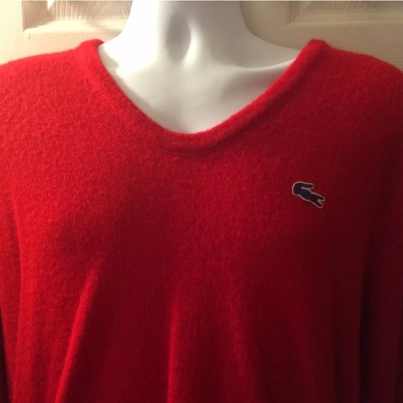 Vintage LACOSTE Red Izod VNeck Sweater Knit Gold Preppy Pullover Holiday Work - Picture 4 of 8
